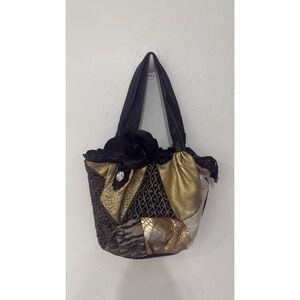 Renato Angi patchwork leather handbag black gold floral detail Italy
